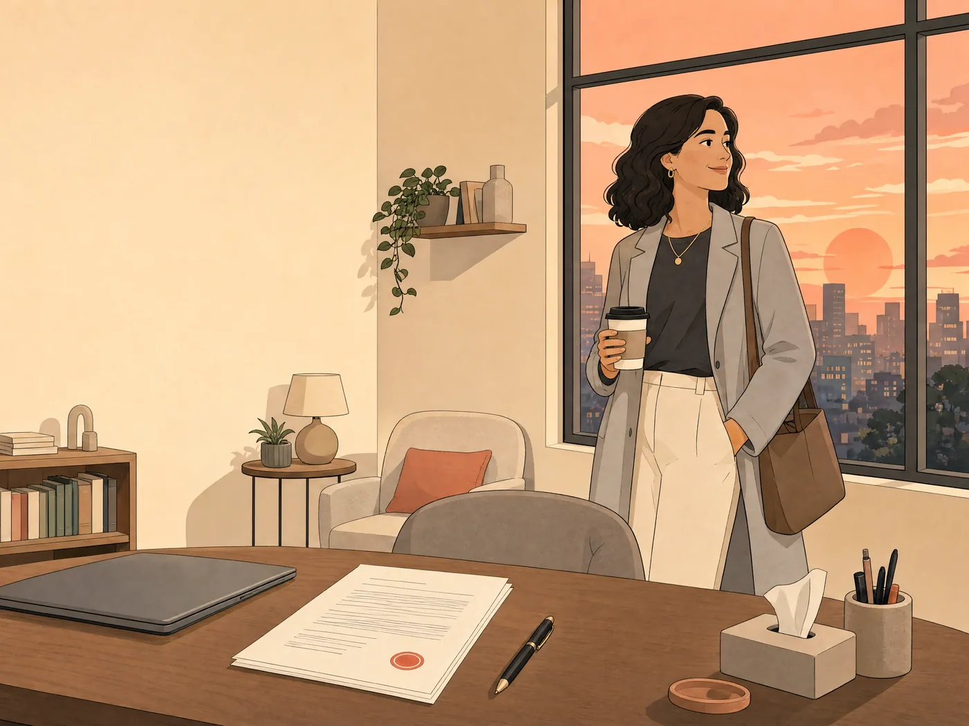A psychologist finishing her day, the evaluation report done on the desk, a city sunset through the window.