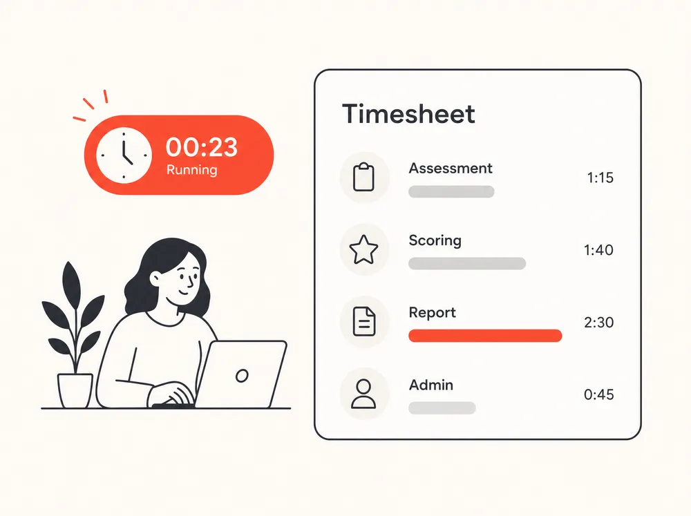 A running timer beside a timesheet splitting hours across assessment, scoring, report and admin.